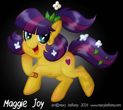 Size: 718x642 | Tagged: safe, artist:marybellamy, imported from ponybooru, earth pony, pony, bandaid, female, flower, flower in hair, heart, leaf, looking at you, maggie joy, mare, open mouth, open smile, side view, smiling, smiling at you, solo, turned head