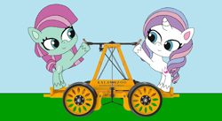 Size: 1002x548 | Tagged: safe, artist:marybethmaria1423, imported from twibooru, minty, potion nova, earth pony, unicorn, my little pony: pony life, handcar, image, png