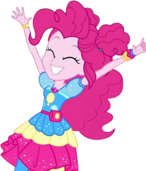 Size: 2159x2520 | Tagged: safe, edit, edited screencap, editor:homersimpson1983, imported from derpibooru, screencap, pinkie pie, human, equestria girls, background removed, clothes, equestria girls specials, excited, eyes closed, female, geode of sugar bombs, gold, hair bun, leggings, magical geodes, my little pony equestria girls: sunset's backstage pass, not a vector, pouch, simple background, smiling, solo, transparent background, wrist cuffs