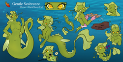 Size: 4000x2039 | Tagged: safe, artist:natt333, imported from derpibooru, oc, oc only, anthro, seapony (g4), breasts, bubble, dorsal fin, fin, fins, fish tail, floppy ears, flowing mane, flowing tail, ocean, reference sheet, smiling, solo, swimming, tail, underwater, water
