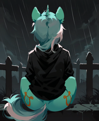 Size: 864x1056 | Tagged: source needed, safe, anonymous artist, imported from derpibooru, lyra heartstrings, pony, unicorn, fanfic:background pony, ai content, ai generated, both cutie marks, butt, clothes, dig the swell hoodie, graveyard, hoodie, horn, lyrebutt, plot, rain, rear view, sitting