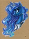 Size: 971x1300 | Tagged: safe, artist:maytee, imported from derpibooru, princess luna, alicorn, pony, bust, colored pencil drawing, neck fluff, portrait, profile, smiling, solo, toned paper, traditional art