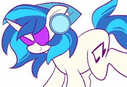 Size: 2048x1410 | Tagged: safe, artist:squidbly, imported from derpibooru, dj pon-3, vinyl scratch, pony, unicorn, colored, female, flat colors, floppy ears, glasses, headphones, horn, mare, simple background, smiling, solo, trotting, two toned mane, vinyl's glasses, white background