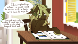 Size: 500x280 | Tagged: safe, artist:arboraims, imported from derpibooru, oc, oc only, oc:ickle muse, pegasus, pony, ask ickle muse, chair, female, mare, scrapbook, sitting, solo, table, window
