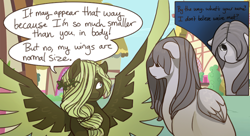 Size: 500x272 | Tagged: safe, artist:arboraims, imported from derpibooru, oc, oc only, oc:gray skies, oc:ickle muse, pegasus, pony, ask ickle muse, colored wings, female, mare, spread wings, two toned wings, wings