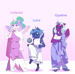Size: 1965x1959 | Tagged: safe, artist:aztrial, imported from derpibooru, opaline arcana, princess celestia, princess luna, alicorn, anthro, plantigrade anthro, alternate universe, ball, cewestia, clothes, crossed arms, female, filly, filly luna, g5, horn, royal sisters, sandals, siblings, sisters, skyros, toes, toga, trio, wall of text in the description, wings, woona, younger