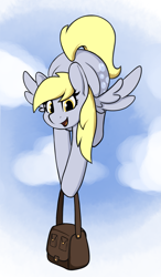 Size: 1213x2074 | Tagged: safe, artist:andelai, imported from derpibooru, derpy hooves, pegasus, pony, bag, cloud, flying, happy, open mouth, open smile, sky, sky background, smiling, solo, wings