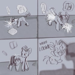 Size: 1440x1440 | Tagged: safe, artist:505p0ni, imported from derpibooru, oc, oc only, oc:fritz storm, pony, unicorn, black and white, comic, female, filly, foal, grayscale, horn, magic, monochrome, pigtails, solo, telekinesis