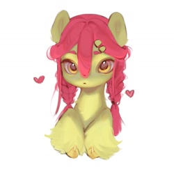 Size: 1440x1440 | Tagged: safe, artist:505p0ni, imported from derpibooru, apple bloom, earth pony, pony, braid, female, floating heart, hairclip, heart, mare, pigtails, simple background, solo, unshorn fetlocks, white background