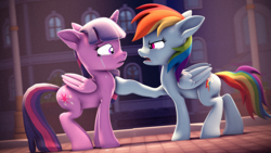 Size: 3840x2160 | Tagged: safe, artist:psfmer, imported from derpibooru, rainbow dash, twilight sparkle, alicorn, pegasus, pony, 3d, angry, crying, duo, duo female, female, folded wings, high res, lesbian, mare, shipping, source filmmaker, teary eyes, twidash, twilight sparkle (alicorn), wings