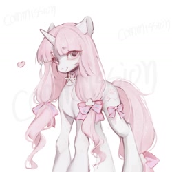 Size: 1440x1440 | Tagged: safe, artist:505p0ni, imported from derpibooru, oc, oc only, pony, unicorn, bow, choker, clothes, commission, eyebrows, eyebrows visible through hair, female, hair bow, horn, mare, simple background, socks, solo, watermark, white background