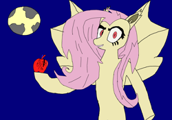 Size: 2388x1668 | Tagged: safe, artist:sillyfillechka, imported from derpibooru, fluttershy, bat pony, pony, apple, bat ponified, flutterbat, food, heart, moon, newbie artist training grounds, race swap, simple background