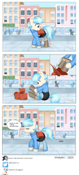 Size: 2112x4624 | Tagged: safe, artist:vinilyart, imported from derpibooru, coco pommel, earth pony, pony, 3 panel comic, bag, boots, city, clothes, comic, eyes closed, female, high res, mare, outdoors, saddle bag, shoes, sitting, smiling, solo focus, speech bubble, sweater, tail