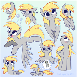 Size: 2500x2500 | Tagged: safe, artist:syrupyyy, imported from derpibooru, derpy hooves, pegasus, pony, blue background, blushing, bubble, cute, derp, derpabetes, female, flying, folded wings, gradient background, high res, looking up, mare, multeity, open mouth, plushie, question mark, simple background, smiling, solo, spread wings, syrupyyy is trying to murder us, thought bubble, unstoppable force of derp, wings