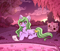 Size: 1236x1050 | Tagged: safe, artist:idleness_mallow, imported from derpibooru, oc, oc only, oc:akira rouds, alicorn, butterfly, pony, alicorn oc, bush, commission, crying, eyes open, female, gift art, horn, lake, mare, paper, solo, sunset, tower, tree, water, wings