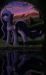 Size: 2507x4044 | Tagged: safe, artist:maretian, princess luna, alicorn, pony, butt, dusk, ethereal mane, ethereal tail, eyes closed, eyeshadow, female, folded wings, horn, makeup, mare, moonbutt, mountain, mountain range, plot, pond, praise the moon, raised hoof, reflection, scenery, sky, smiling, solo, starry mane, starry tail, stars, tail, tree, water, water drops, wet, wings