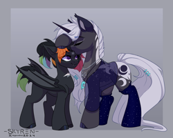 Size: 2500x2000 | Tagged: safe, artist:skyboundsiren, imported from derpibooru, oc, oc:nacht, oc:penumbra, bat pony, unicorn, commission, forehead kiss, horn, kissing, size difference, smiling, wholesome