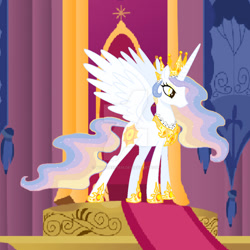 Size: 894x894 | Tagged: safe, artist:moondeer1616, imported from derpibooru, princess celestia, alicorn, base used, crown, deviantart watermark, female, headcanon, jewelry, mare, obtrusive watermark, redesign, regalia, round belly, solo, tall, throne, throne room, watermark
