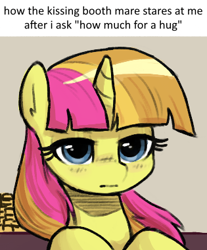 Size: 315x380 | Tagged: safe, artist:plunger, imported from twibooru, oc, oc only, pony, unicorn, female, image, kissing booth, lidded eyes, looking at you, mare, meme, png, ponified meme, solo