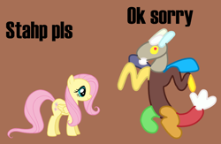 Size: 688x449 | Tagged: safe, artist:viva reverie, imported from ponybooru, discord, fluttershy, draconequus, pegasus, pony, brown background, duo, female, fluttershy navigate, game screencap, male, mare, simple background