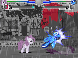 Size: 639x476 | Tagged: safe, imported from ponybooru, minuette, twilight sparkle, alicorn, fighting is magic, clone, fan game, nightmare corner, palette swap, rain, recolor, red clouds, red sky, scooter (character), twilight sparkle (alicorn)