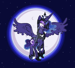 Size: 600x545 | Tagged: safe, artist:moondeer1616, imported from derpibooru, princess luna, alicorn, armor, base used, concave belly, deviantart watermark, female, headcanon, jewelry, mare, moon, night, night sky, obtrusive watermark, redesign, regalia, sky, slender, solo, thin, torn wings, watermark, wings