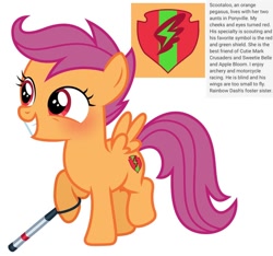 Size: 640x600 | Tagged: safe, artist:fizzled_kitty, edit, imported from derpibooru, scootaloo, pegasus, pony, alternate cutie mark, alternate eye color, blind, blushing, cutie mark, female, filly, foal, google translate, implied apple bloom, implied rainbow dash, implied sweetie belle, recolor, red eyes, simple background, solo, white background