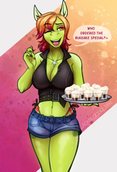 Size: 2153x3150 | Tagged: safe, artist:blackblood-queen, imported from ponybooru, oc, oc only, oc:margarite mix, anthro, earth pony, unguligrade anthro, alcohol, anthro oc, breasts, busty oc, clothes, commission, cup, denim, denim shorts, dialogue, digital art, drink, earth pony oc, eyeshadow, female, glass, innuendo, jewelry, makeup, mare, necklace, one eye closed, shorts, smiling, solo, speech bubble, tanktop