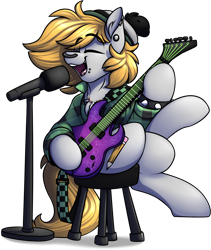 Size: 1544x1829 | Tagged: safe, artist:notetaker, imported from derpibooru, oc, oc only, oc:sketchy shades, pony, electric guitar, guitar, hat, microphone, microphone stand, musical instrument, piercing, simple background, sitting, solo, stool, transparent background