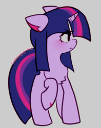Size: 688x872 | Tagged: safe, artist:cutiesparke, imported from derpibooru, twilight sparkle, pony, unicorn, blushing, chest fluff, female, floppy ears, frown, gray background, hoof heart, lightly watermarked, looking right, raised hoof, simple background, solo, underhoof, unicorn twilight, watermark
