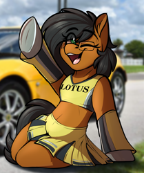 Size: 834x1000 | Tagged: safe, artist:notetaker, imported from derpibooru, oc, oc only, oc:notetaker, earth pony, semi-anthro, anatomically incorrect, belly, blurry background, cheerleader, cheerleader outfit, clothes, glasses, incorrect leg anatomy, lotus (car), lotus elise, real life background, round belly, skirt, solo, waving