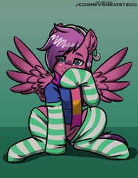 Size: 3169x4093 | Tagged: safe, artist:jcosneverexisted, imported from derpibooru, oc, oc only, pegasus, pony, blushing, clothes, commission, gradient background, heart, heart eyes, looking at you, male, socks, solo, stallion, striped socks, wingding eyes, ych result