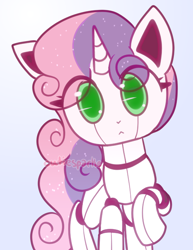 Size: 1020x1322 | Tagged: safe, artist:cutiesparke, imported from derpibooru, sweetie belle, pony, robot, robot pony, unicorn, :<, blue background, eye clipping through hair, female, foal, gradient background, green eyes, horn, lightly watermarked, looking at you, raised hoof, simple background, solo, sweetie bot, watermark