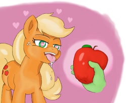 Size: 1081x891 | Tagged: safe, artist:appulman, applejack, earth pony, pony, apple, disembodied hand, drool, eyes on the prize, featured image, female, food, hand, heart, heart eyes, lidded eyes, mare, missing accessory, open mouth, simple background, that pony sure does love apples, tongue out, wingding eyes