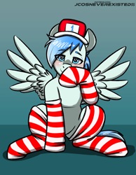 Size: 3169x4093 | Tagged: safe, artist:jcosneverexisted, imported from derpibooru, oc, oc only, oc:sports news, pegasus, pony, blushing, clothes, commission, gradient background, hat, heart, heart eyes, looking at you, male, socks, solo, stallion, striped socks, wingding eyes, ych result