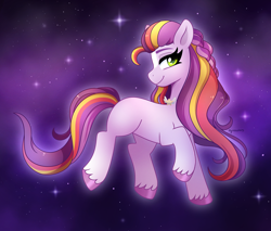 Size: 2556x2182 | Tagged: safe, artist:emera33, imported from derpibooru, earth pony, pony, spoiler:g5, spoiler:my little pony: tell your tale, spoiler:tyts02e11, female, g5, jewelry, long mane, looking at you, mare, missing cutie mark, my little pony: tell your tale, necklace, night, sky, smiling, smiling at you, solo, stars, sunny starscout's mother, tail, two toned mane, two toned tail, unshorn fetlocks, written in the starscouts