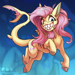 Size: 1600x1600 | Tagged: safe, artist:airfly-pony, imported from derpibooru, fluttershy, original species, shark, shark pony, 2023, bubble, collaboration, collaboration:bestiary of fluttershy, concave belly, digital art, dorsal fin, fangs, female, fin, fins, fish tail, flowing mane, flowing tail, gills, grin, leg fins, looking at you, mare, ocean, sharkified, sharp teeth, signature, smiling, species swap, swimming, tail, teeth, underwater, water