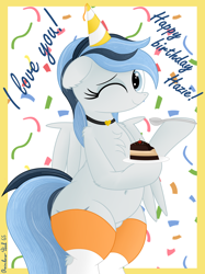Size: 2776x3708 | Tagged: safe, artist:rainbowšpekgs, imported from derpibooru, oc, oc only, oc:haze northfleet, pegasus, pony, bipedal, birthday, cake, chest fluff, choker, chubby, clothes, confetti, cute, female, food, happy, hat, mare, one eye closed, party hat, plate, smiling, socks, solo, spread wings, standing, wings