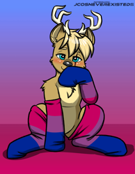 Size: 3169x4093 | Tagged: safe, artist:jcosneverexisted, imported from derpibooru, oc, oc only, deer, blushing, clothes, commission, gradient background, heart, heart eyes, looking at you, male, socks, solo, wingding eyes, ych result