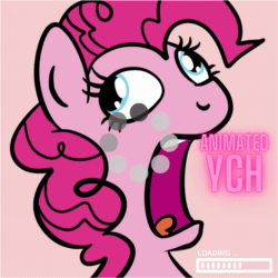 Size: 1080x1080 | Tagged: safe, artist:lannielona, imported from derpibooru, pinkie pie, earth pony, pony, advertisement, animated, buffering, bust, commission, derp, didney worl, faic, female, freeze frame, gif, loading, loading screen, mare, open mouth, portrait, silly, silly pony, solo, ych example, your character here