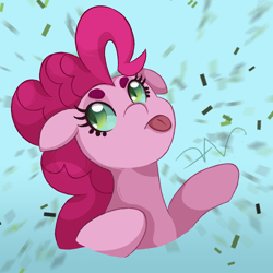 Size: 1200x1200 | Tagged: safe, artist:swasfews, imported from derpibooru, pinkie pie, queen chrysalis, earth pony, pony, confetti, disguise, disguised changeling, eyeroll, solo, tongue out