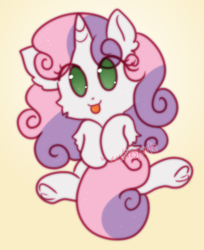 Size: 740x907 | Tagged: safe, artist:cutiesparke, imported from derpibooru, sweetie belle, pony, unicorn, :p, arm fluff, cheek fluff, ear fluff, female, filly, foal, frog (hoof), green eyes, hoof heart, horn, looking up, lying down, silly, silly pony, simple background, solo, tongue out, underhoof, white fur