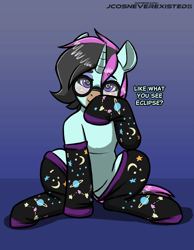 Size: 3169x4093 | Tagged: safe, artist:jcosneverexisted, imported from derpibooru, oc, oc only, oc:icy stormwind, pony, unicorn, blushing, clothes, commission, female, gradient background, heart, heart eyes, horn, looking at you, mare, socks, solo, text, wingding eyes, ych result