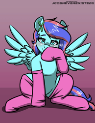 Size: 3169x4093 | Tagged: safe, artist:jcosneverexisted, imported from derpibooru, oc, oc only, pegasus, pony, blushing, clothes, commission, femboy, gradient background, heart, heart eyes, looking at you, male, socks, solo, stallion, wingding eyes, ych result