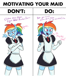 Size: 2658x3068 | Tagged: safe, artist:moonatik, imported from derpibooru, rainbow dash, anthro, pegasus, apron, clothes, dress, evening gloves, excited, female, gloves, grumpy, long gloves, maid, mare, ponytail, rainbow maid, reverse psychology, simple background, socks, solo, tomboy, white background