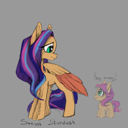 Size: 5400x5400 | Tagged: safe, artist:ailatf, imported from derpibooru, sunny starscout, oc, oc:sunset stardust, earth pony, pegasus, pony, 2022, dialogue, duo, duo female, female, filly, filly sunny starscout, foal, folded wings, g5, g5 oc, gray background, mare, mother and child, mother and daughter, simple background, smiling, solo focus, sunny starscout's mom, tail, wings, younger