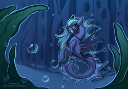 Size: 2360x1640 | Tagged: safe, artist:stirren, imported from derpibooru, princess luna, merpony, sea pony, seapony (g4), blue eyes, blue mane, bridle, bubble, crepuscular rays, dorsal fin, ears up, fin, fin wings, fins, flowing mane, happy, harness, high res, hooves, looking at you, mermay, ocean, saddle, seaponified, seaweed, signature, smiling, smiling at you, species swap, spread wings, swimming, tack, underwater, water, wings