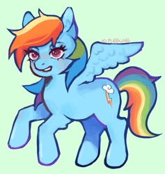 Size: 1944x2048 | Tagged: safe, artist:plebliung, imported from derpibooru, rainbow dash, pegasus, pony, blue coat, eyelashes, female, green background, mare, multicolored mane, multicolored tail, pose, purple eyes, rearing, signature, simple background, smiling, solo, spread wings, tail, wings