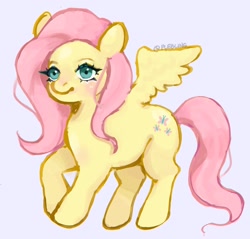 Size: 2048x1960 | Tagged: safe, artist:plebliung, imported from derpibooru, fluttershy, pegasus, pony, female, flowing mane, flowing tail, green eyes, mare, pink background, pink mane, pose, raised leg, signature, simple background, smiling, solo, spread wings, tail, wings, yellow coat