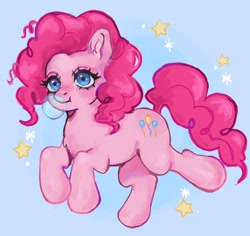 Size: 2048x1934 | Tagged: safe, artist:plebliung, imported from derpibooru, pinkie pie, earth pony, pony, blowing bubbles, blue background, curly mane, curly tail, female, jumping, mare, pink coat, pink mane, pose, signature, simple background, smiling, solo, spread hooves, stars, tail